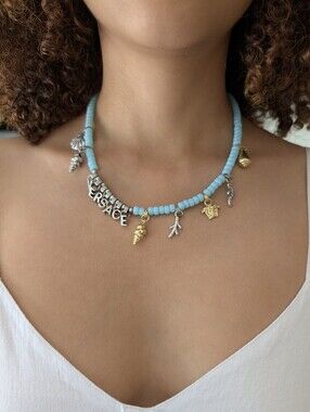 Versace Light Turquoise Bead Charm Necklace with Gold & Silver Accents